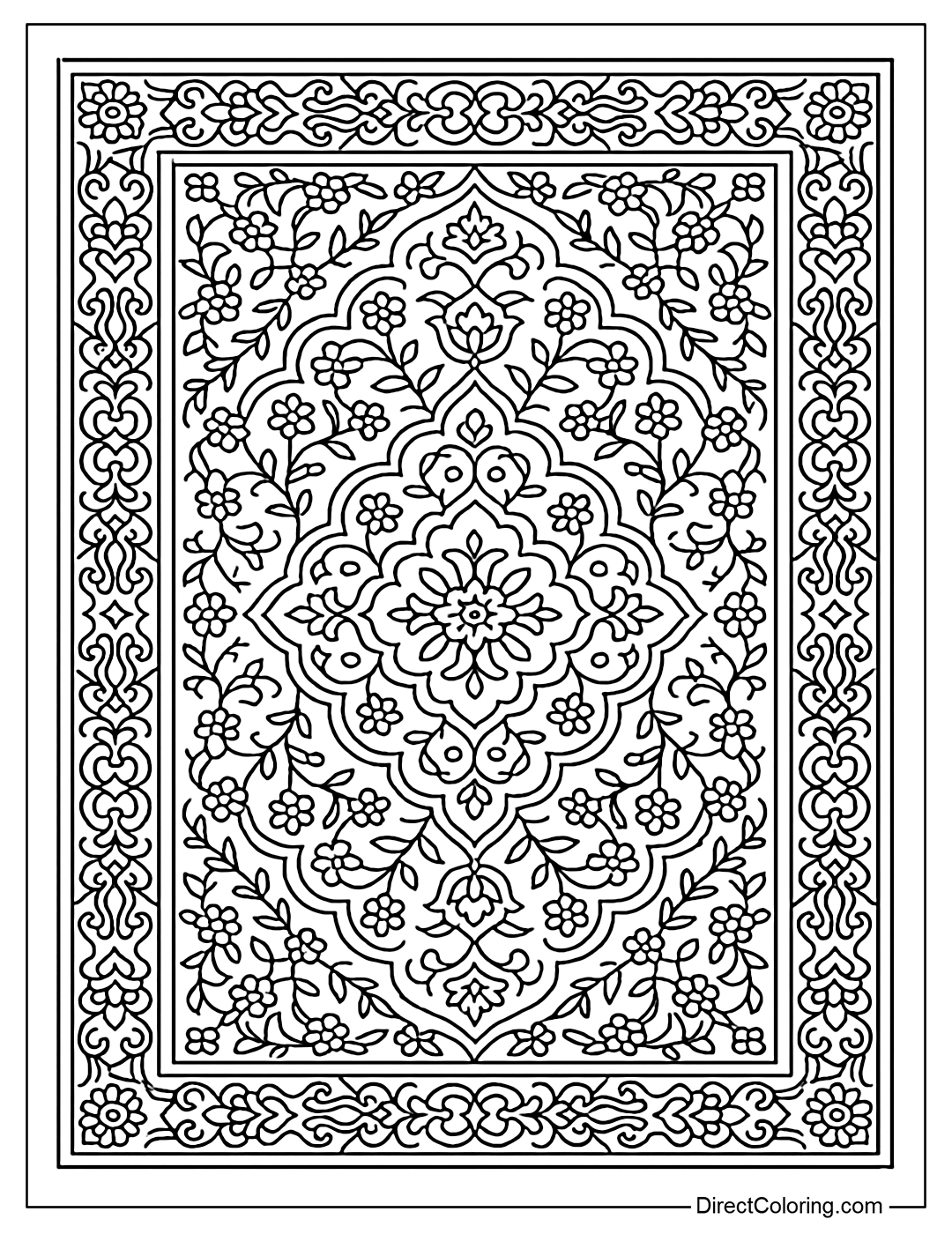 Coloring page of Persian carpet with complex symmetrical pattern, with clear center and border.